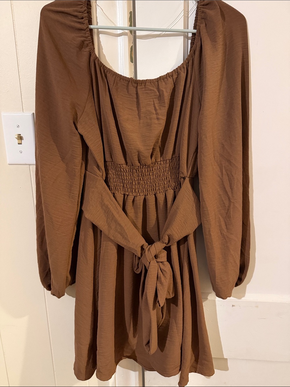 Brown Long Sleeve Square Neck Mini Dress